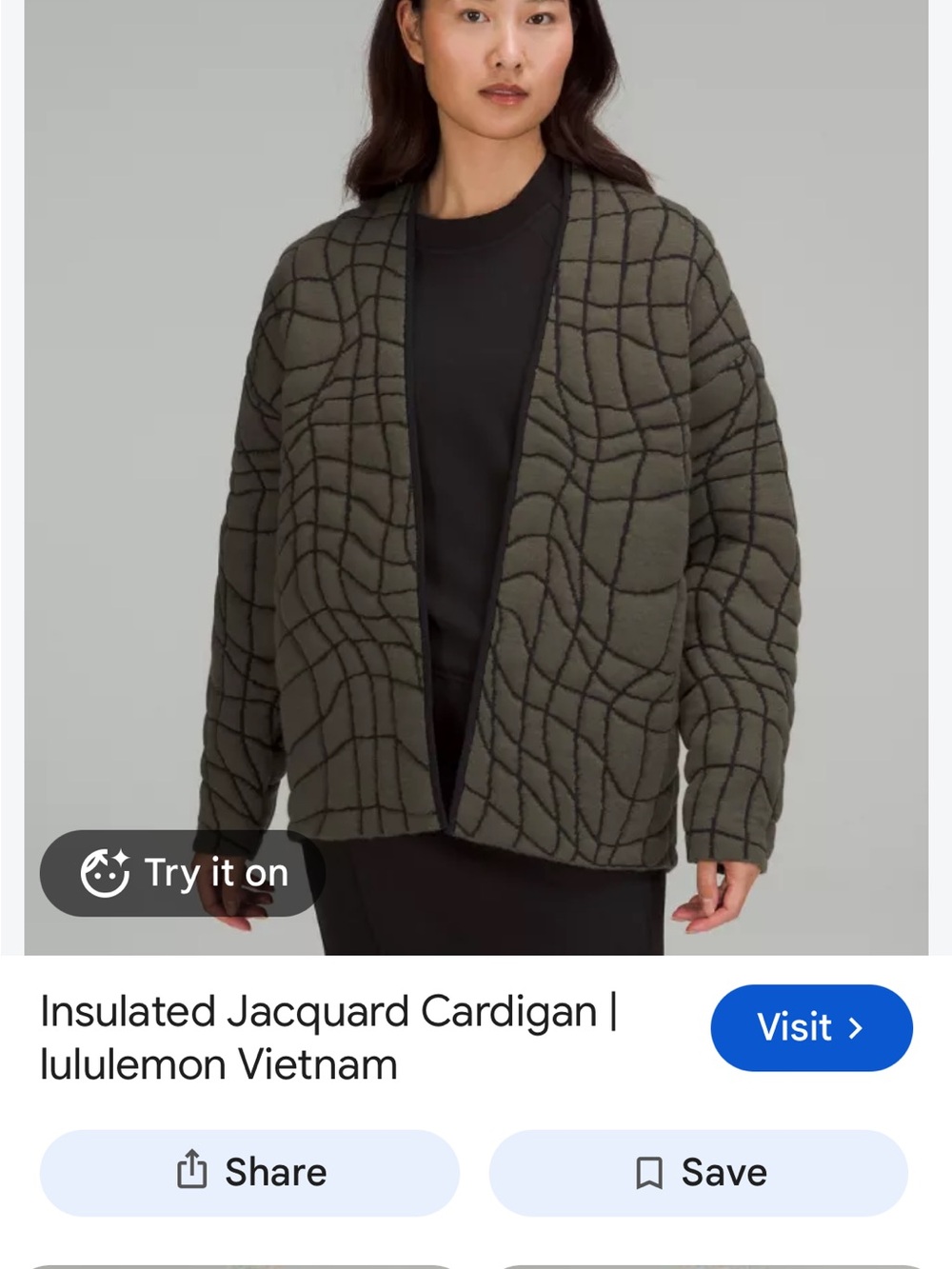 lululemon athletica Olive Green Insulated Jacquard Open-Front Cardigan